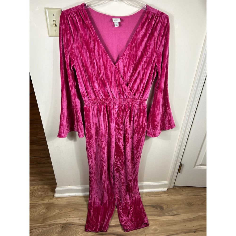A New Day Jumpsuit Women M Pink Crushed Velvet Bell Sleeve Surplice Neck Glam